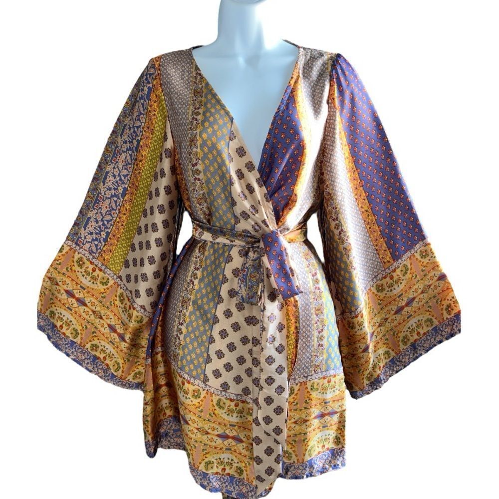 12th Tribe Patchwork Satin Wrap Kimono in Yellow & Blue
